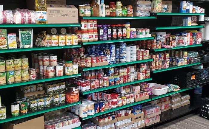 Grocery store shelves with food items on them